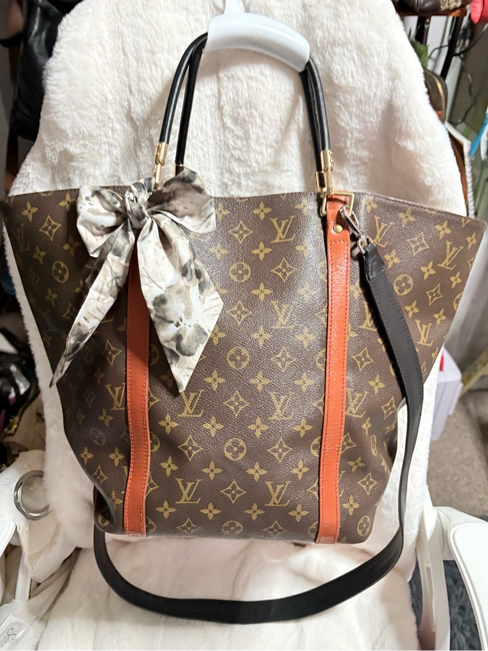 Louis Vuitton Brown Monogram Tote with Orange Trim and Black Strap